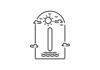 Line art illustration of beach with I initial name
