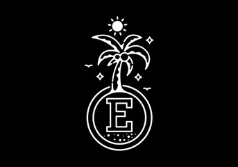 White black line art illustration of coconut tree in the beach with E initial letter