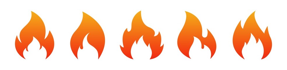 Fire flame icon set. Fire logo design template. Burn signs isolated on white background. Vector illustration.