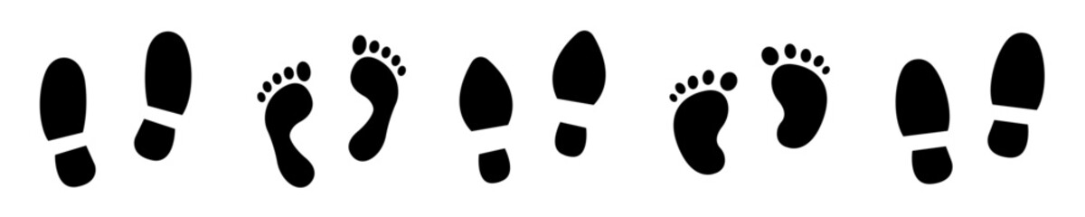 Silhouette of different human footprints. Set Baby, Men and Woman footsteps. Vector illustration.