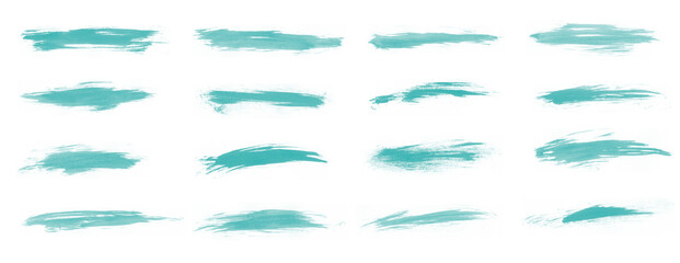 Abstract set of turquoise smear brushes isolated on white background