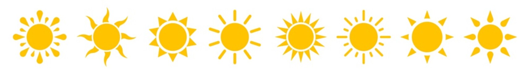 Sun icon set. Sunshine yellow vector sign. Sunset light icons collection in flat style. Sun ray vector icon isolated on white background. Vector illustration.