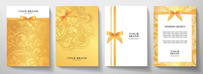 Luxury gold cover, frame design set. Holiday golden floral pattern (curve ornament) background with gold ribbon (bow). Elegant vector template for vip invitation, wedding invite card, gift card