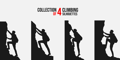 Vector illustration. Travel concept of discovering, exploring and observing nature. Hiking. Adventure tourism. The guy climbs with a backpack on the rock. Design element for web template