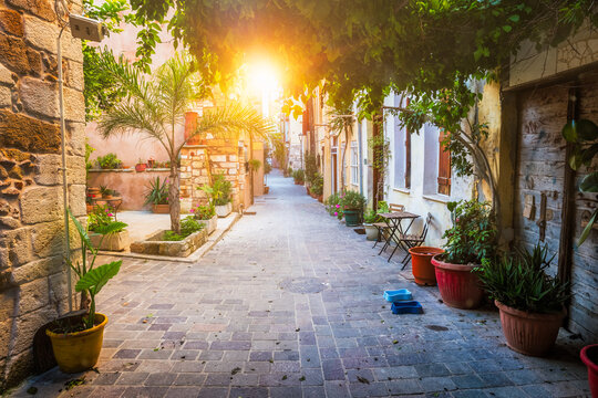 Fototapeta Scenic picturesque streets of Chania venetian town. Chania, Creete, Greece