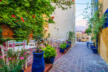 Scenic picturesque streets of Chania venetian town. Chania, Creete, Greece