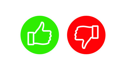 Thumb up outline icon. Round "Like" and "Dislike" buttons for rating on the web and on mobile devices. Vector pictogram for selection, red and green colors.
