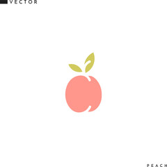 Fresh peach icon. Isolated fruit with leaves on white background