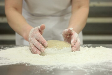 Woman's hands kneading the bread dough. Making dough by female hands on wooden table