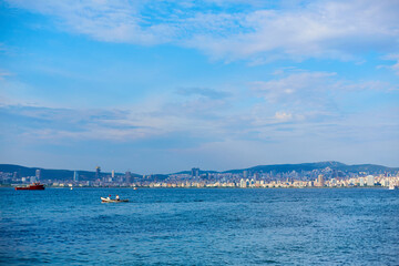 Evening boat trip along the Bosphorus. Panorama of Istanbul view from the ferry