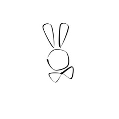 The head of a pink bunny. A bunny in a bow tie. Playful bunny. A sketch of the doodle logo.
