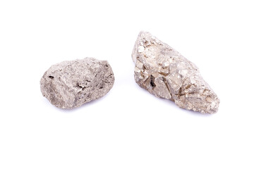 Macro mineral stone Pyrite gold on white background