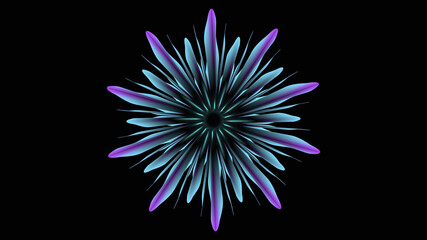 Blue purple neon flower for abstract art on dark background. Glow bloom. 