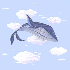  Blue dreamy whale fly in the cloudy heavens. Fantastic great fish in the light blue sky. Childish illustration. © Lanyakea