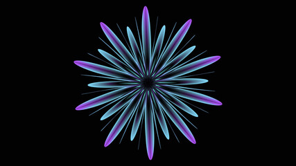 Blue purple neon flower for abstract art on dark background. Glow bloom. 