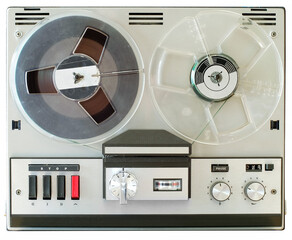 vintage reel to reel tape recorder, open reel audio recorder. Isolated on white, nostalgic audio gear