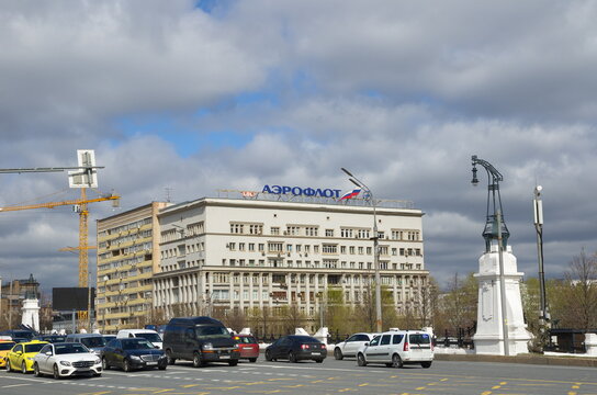 Moscow, Russia - April 28, 2021: Tver overpass and the house with the sign "Aeroflot" on Leningradsky Prospekt, 2