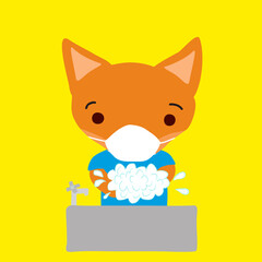 マスクをして手を洗う小狐
A little fox washing hands, wearing a white surgical mask