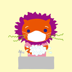 マスクをして手を洗うライオン
A little lion washing hands, wearing a white surgical mask