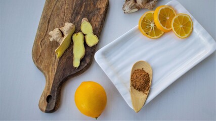 Healthy food. Lemon, ginger and cinnamon