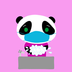 マスクをして手を洗うパンダ
A little panda bear washing hands, wearing a blue surgical mask