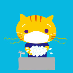 マスクをして手を洗うコトラ
A little tiger washing hands, wearing a white surgical mask