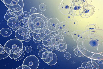 Blue cells under microscope. Bacteria or virus. Medical background. 3d rendering. High resolution.