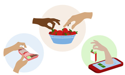 healthy food illustration with hands, set of vector illustration with fresh vegetables, a hand with a package of groceries, palette with strawberries, hands with lunch box