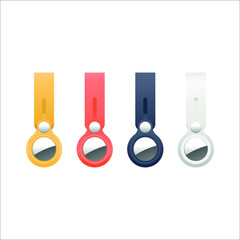 Set of Apple airtag's,  vector illustration of a yellow, orange, blue and white rubber AirTag key ring, lost and found, track and trace device, nfc chip