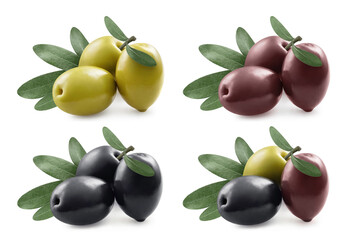 Delicious olives collection, isolated on white background