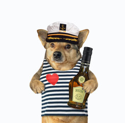 A beige dog captain in a sailor hat with a bottle of rum. White background. Isolated.