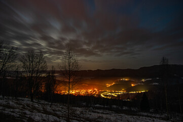 Night town in the Carpathian Mountains in winter
