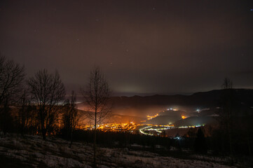 Night town in the Carpathian Mountains in winter
