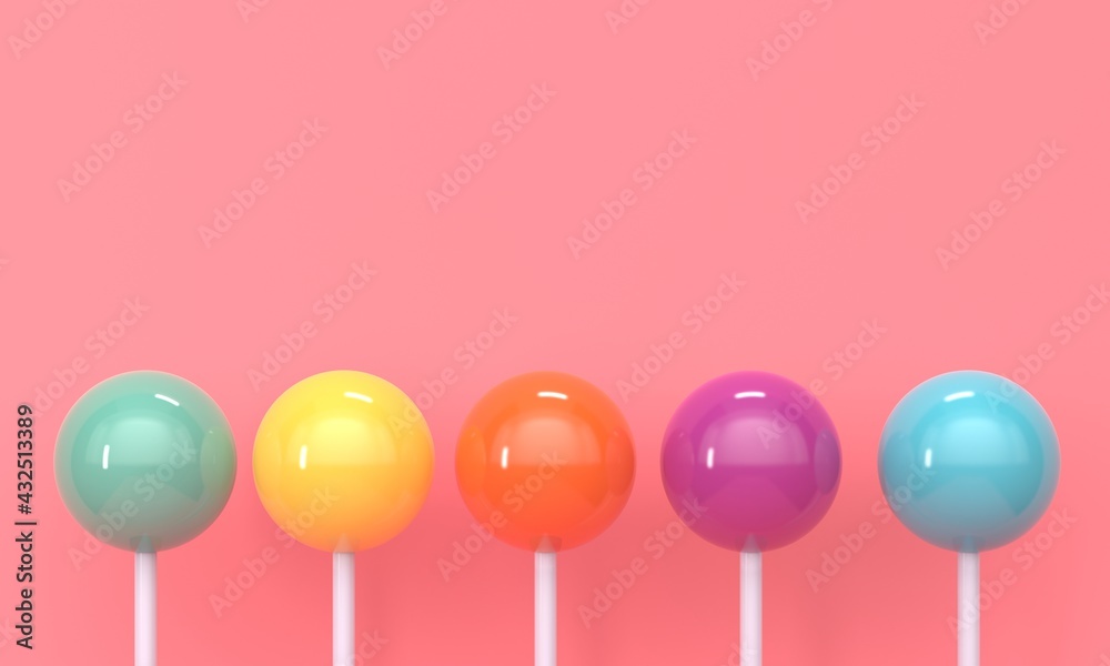 Poster shiny sweet multicolored lollipops with stick on pink background and copy space. 3d rendering