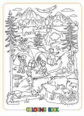 Fototapeta na wymiar Young hikers or tourists in the wild Coloring book