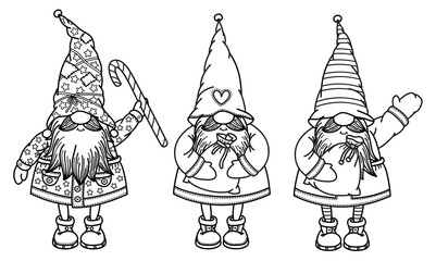 Vector  cute gnomes cartoons, black  silhouette isolated on white for  kids coloring.