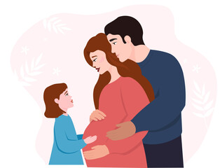 A happy family waiting for a baby. A mother with a large pregnant belly, who is hugged by her father and daughter. Portrait in profile. The concept of motherhood, love, care, and support. Vector.