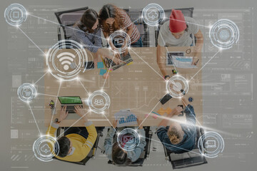Technology digital virtual screen and Wireless communication connecting over Top view scene of...