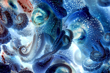 X-ray of Fresh and Raw whole calamari, squid, octopus. Creative Art abstract of Cuttlefish Seafood. Full frame Close-up Background of Undersea Food.  