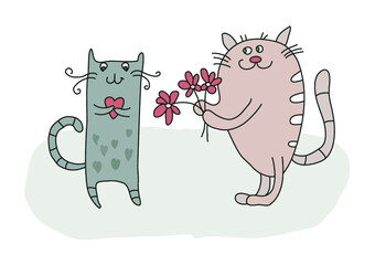 couple cat in love cute vector illustration, cat giving flower vector illustration
