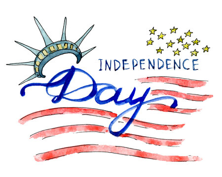 Happy Independence Day of the USA hand drawn watercolor design isolated on white background