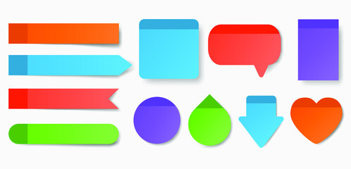 Fototapeta premium Collection of colorful sticky notes. Square, round, heart, drop, speech bubble shapes isolated on white background. Memo, bookmark, notes, blank paper sheet for planning. Vector illustration.