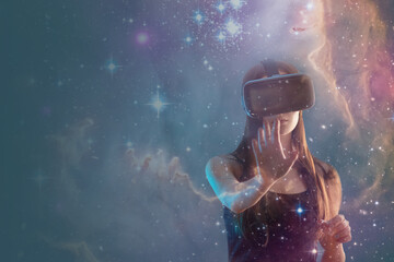 gamer helmet on gamer girl in virtual reality on space galaxy background,Element of the image provided by NASA
