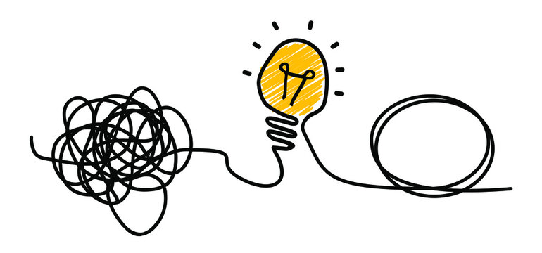 Chaotic or chaos and order. Comic brain electric lamp idea doodle. FAQ, business loading concept. Fun vector light bulb icon or sig. Brilliant lightbulb education  or invention pictogram banner
