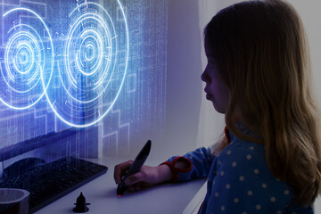 Young girl sitting in front of virtual touch screen. Futuristic technology concept.
