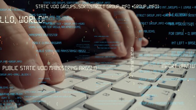 Creative visual of computer programming coding and software development shown by man working on computer keyboard with overlay of computer graphic displaying abstract program codes and computer script