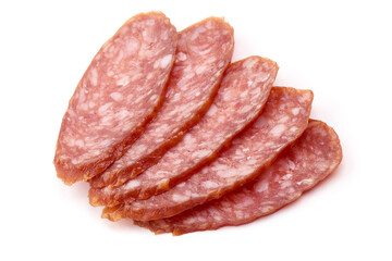 Dry-cured pork Sausage, smoked meat, isolated on white background