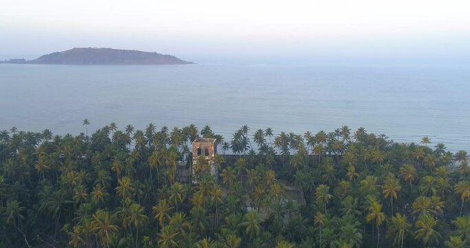 Arial View Of Sea Face Coastal Area Coconut Trees Late Evening Village In Maharashtra  India 