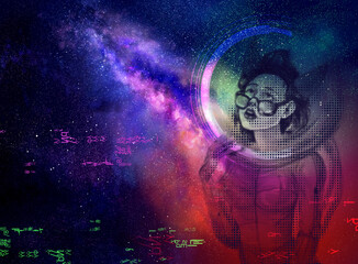 Fototapeta na wymiar Illustration of an abstraction showing a halogram of an astronaut girl in a spacesuit.