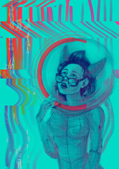 Illustration of an abstraction showing a halogram of an astronaut girl in a spacesuit.